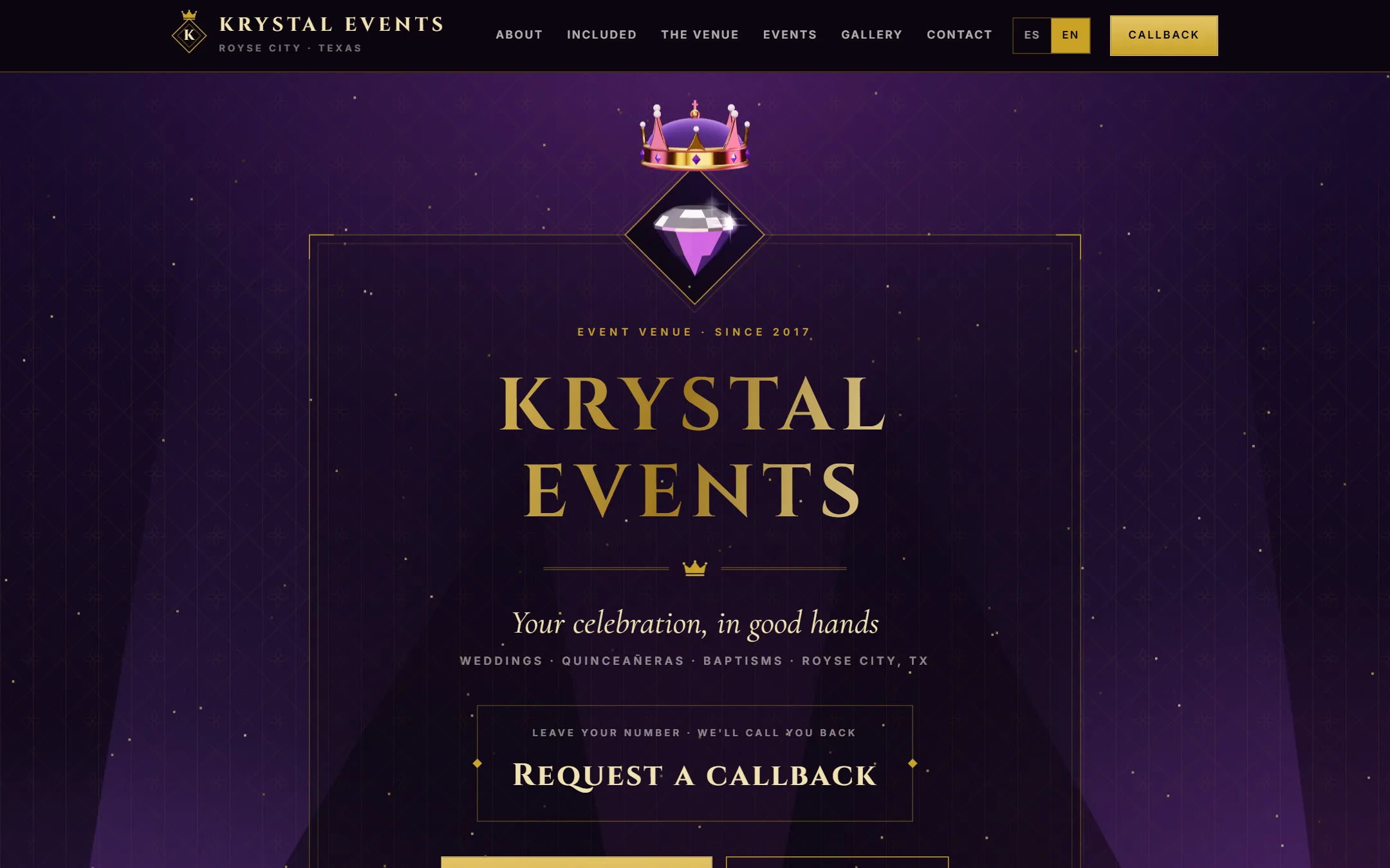 La página de inicio de Krystal Events en una pantalla de computadora