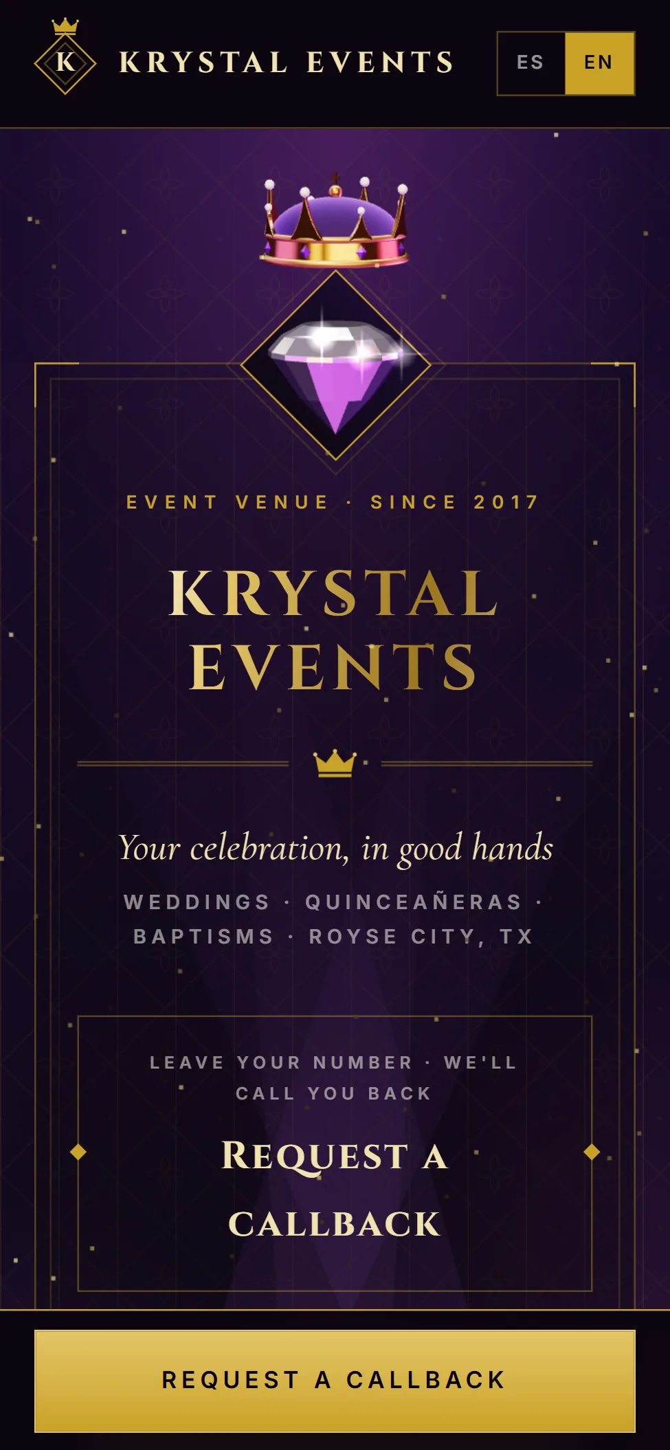 La página de inicio de Krystal Events en un teléfono